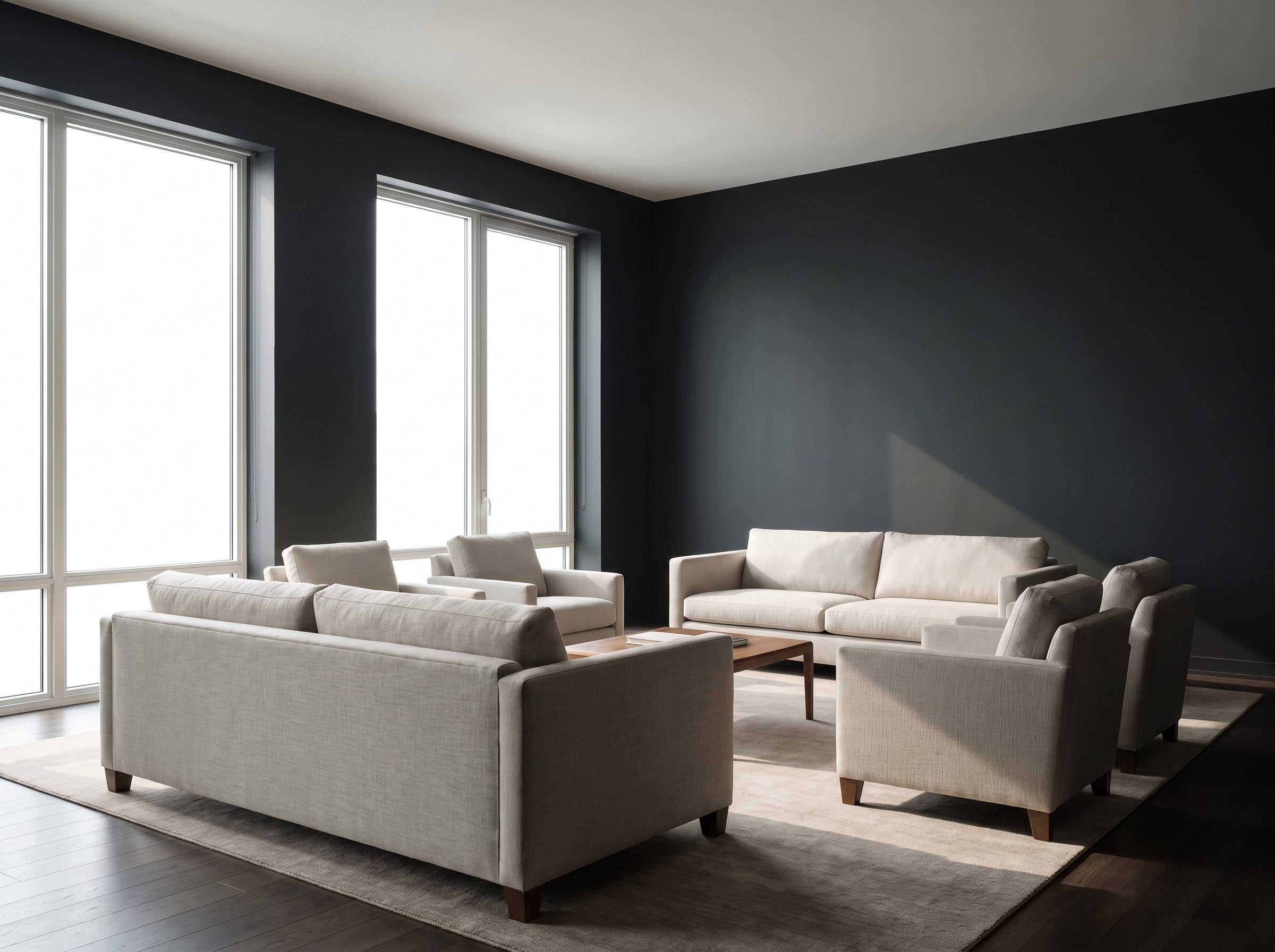 Dark living room where bright windows provide contrast against a deep wall color