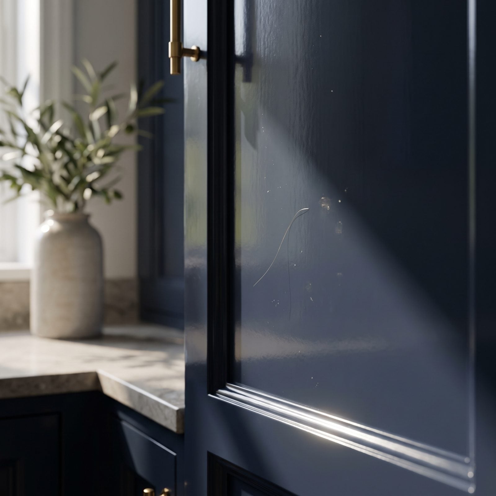 Glossy white cabinet door with fine dust particles settled into the wet paint under raking light.