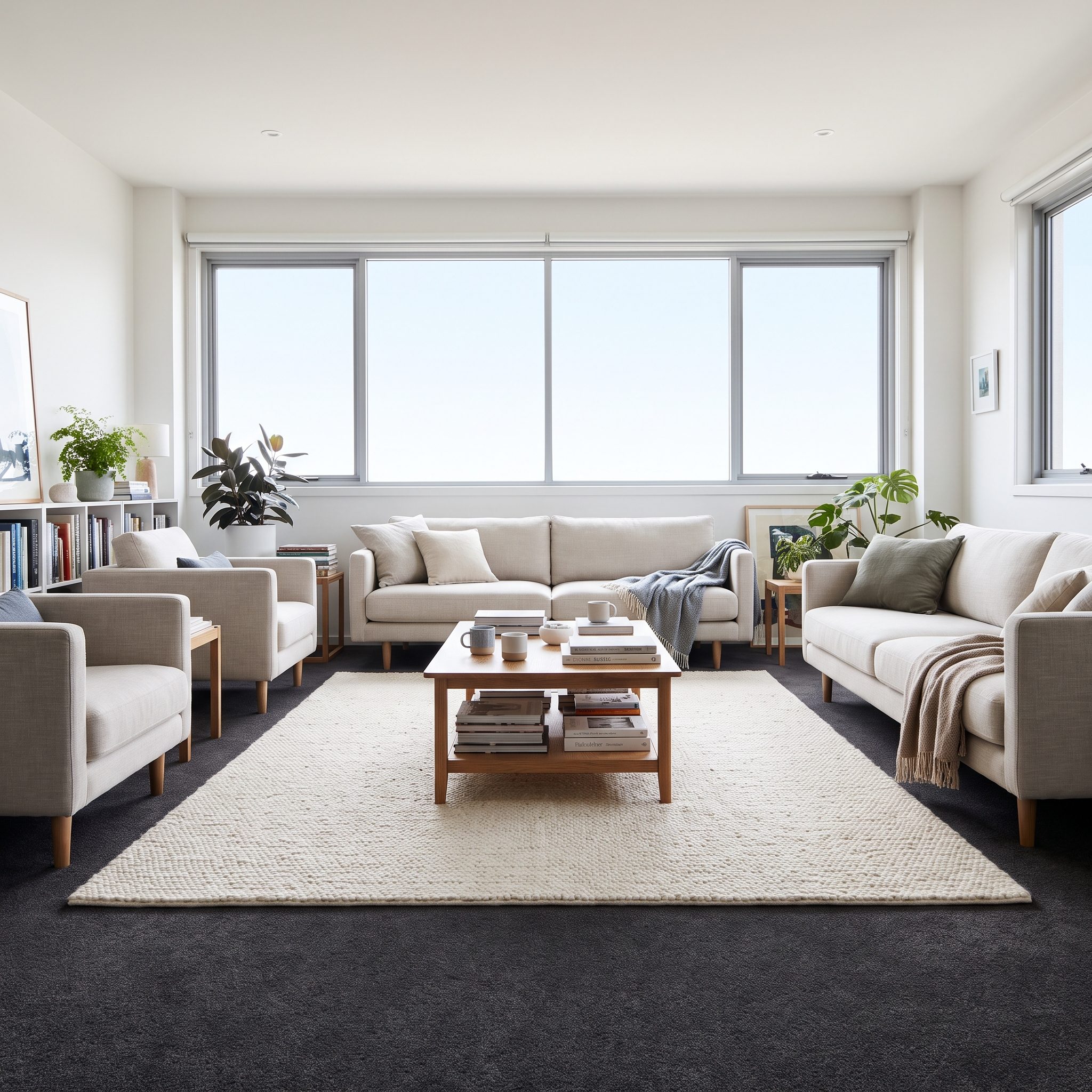 Living room with a nine-by-twelve ivory rug centered over dark wall-to-wall carpet with the front legs of the sofa and armchairs on it