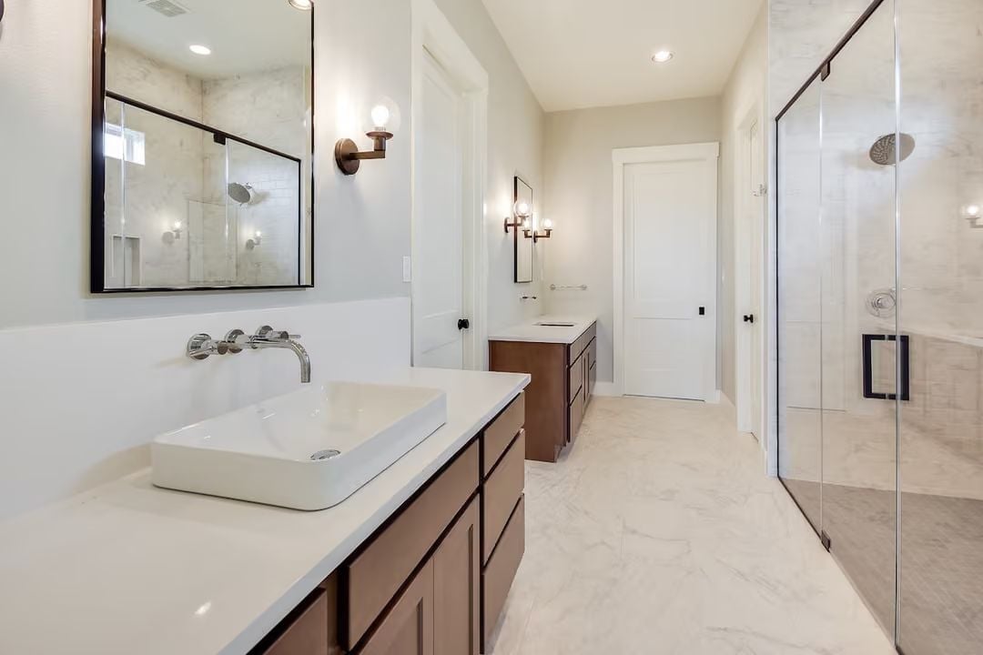 Wall-Mount Faucet Positioned Far Left Keeps This Vessel Sink Setup Honest