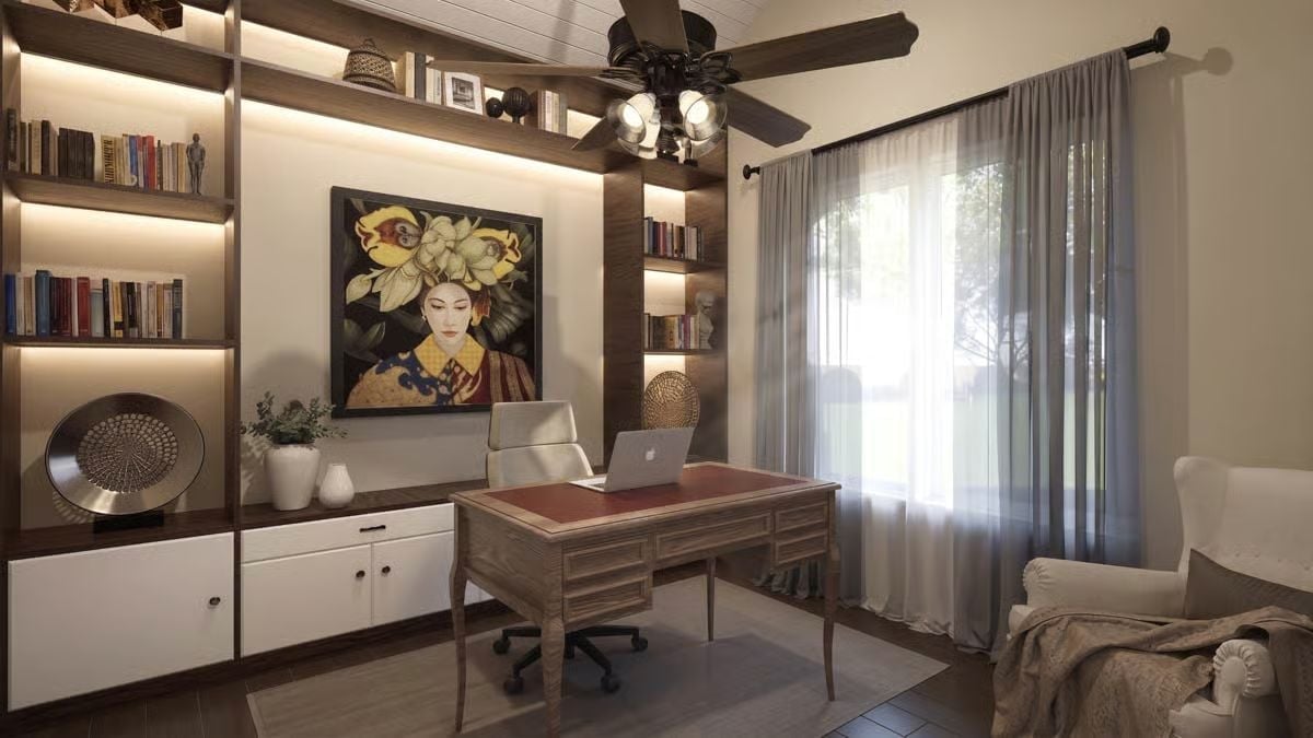 Built-In Shelves, a Portrait That Commands the Wall, and Leather on the Desktop