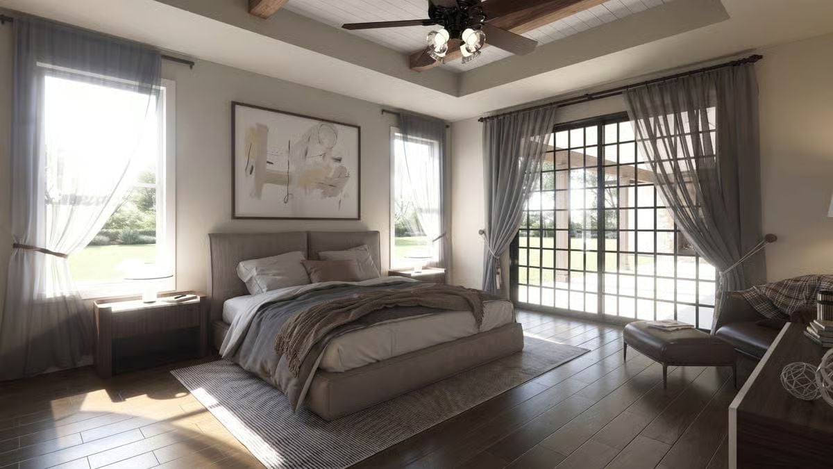 Coffered Ceiling, Sheer Curtains, and a Bed You'd Genuinely Miss on Mondays