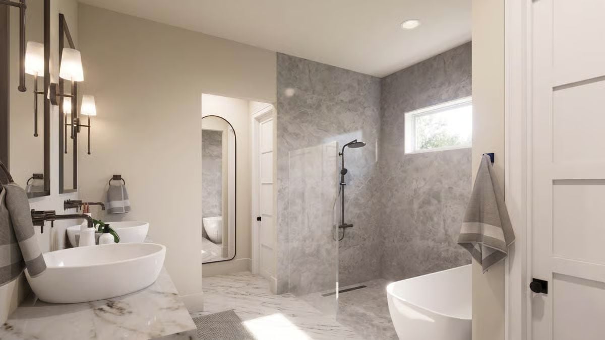 Marble Floors, Open Shower, and a Soaking Tub That Earns Its Corner