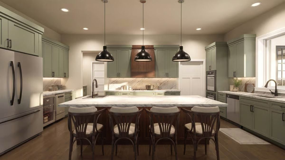 Sage Cabinets, Marble Slab, and Three Pendants That Mean Business