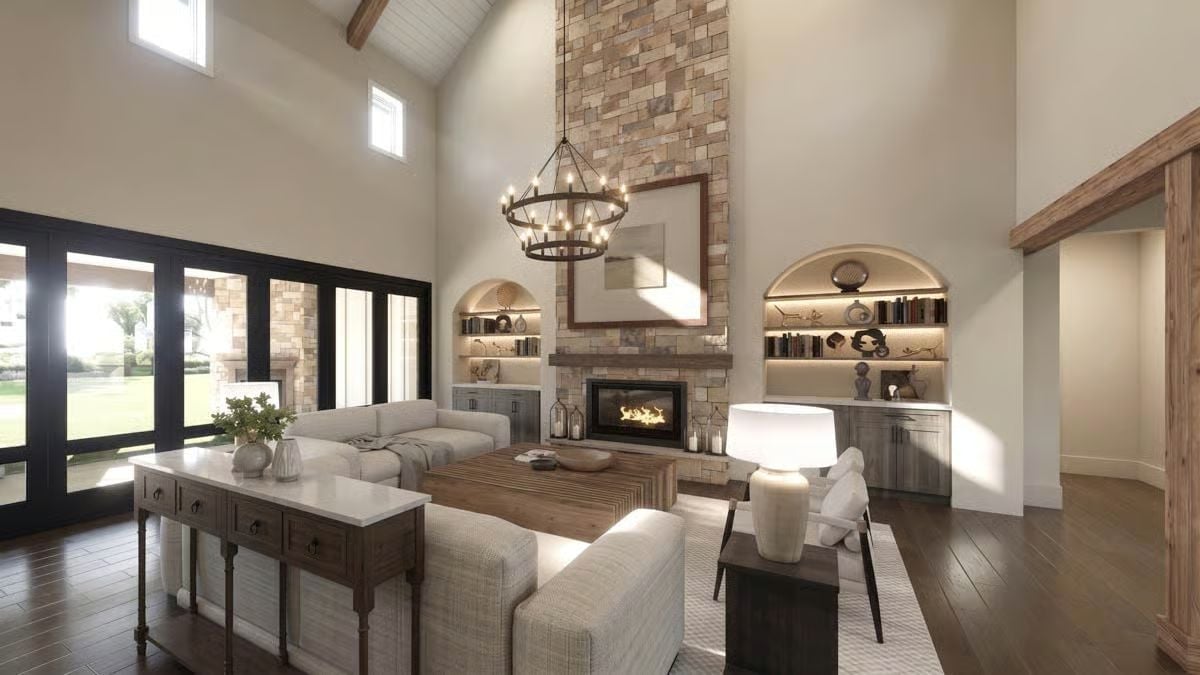 Stone Reaches the Roofline and the Fireplace Earns Every Inch of It