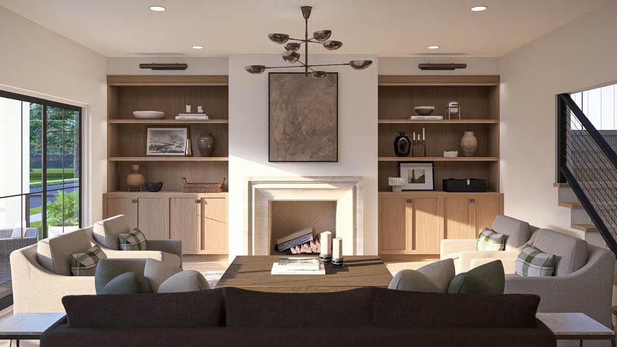 Flanking Bookcases and Fireplace Logs That Mean Business