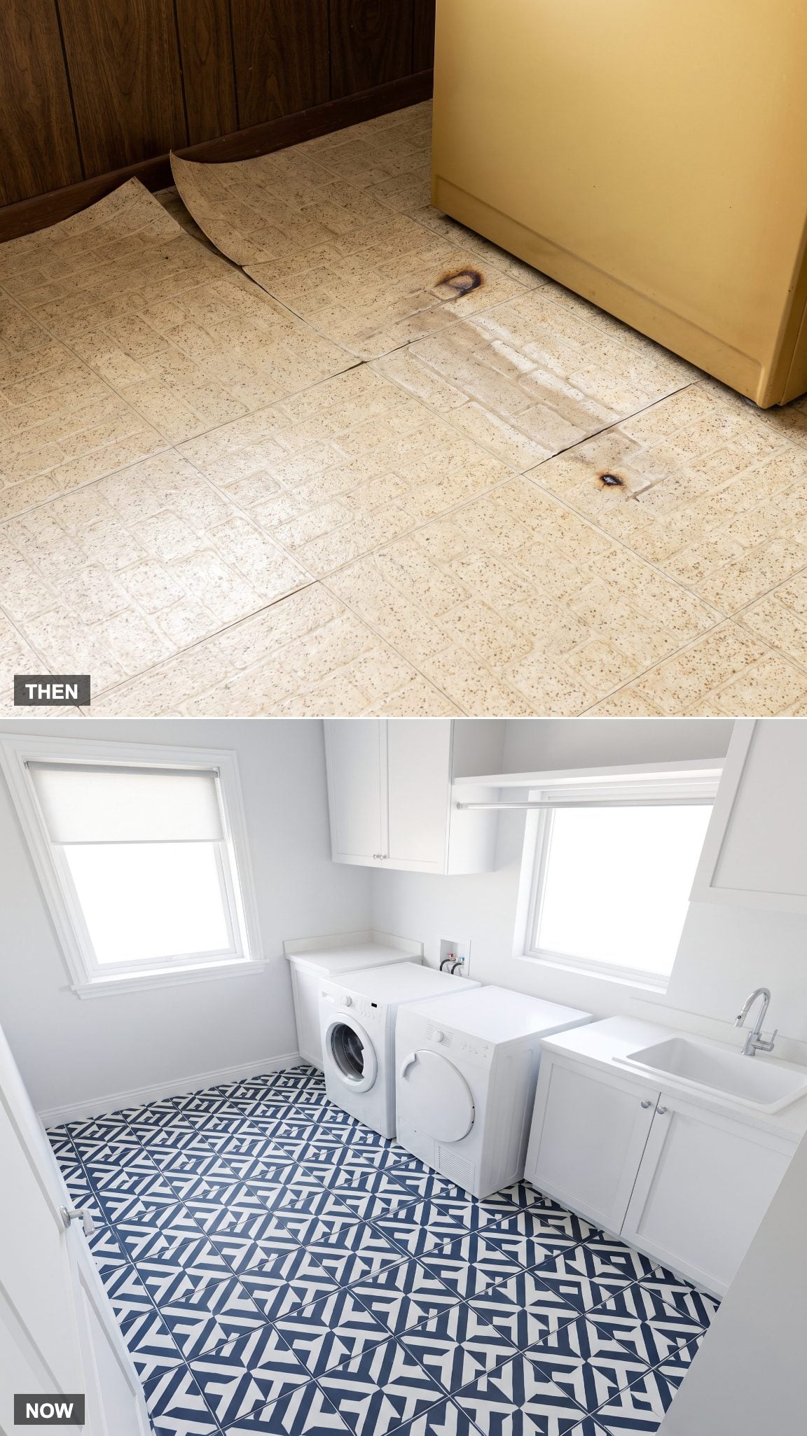Vintage resilient laundry flooring replaced with patterned tile