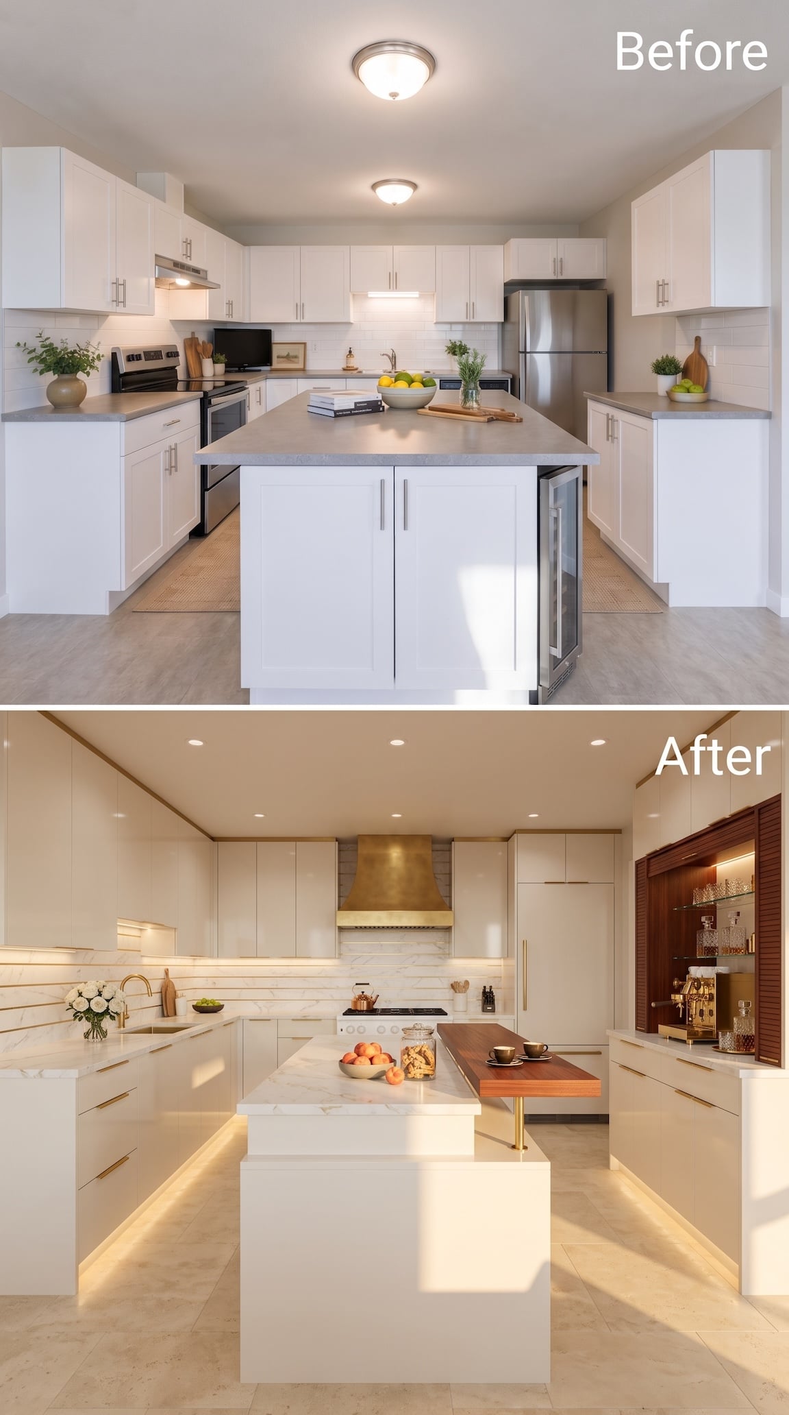 Before and after compact kitchen with glossy cream cabinetry, a broad brass range hood, mahogany coffee bar, and wood dining ledge