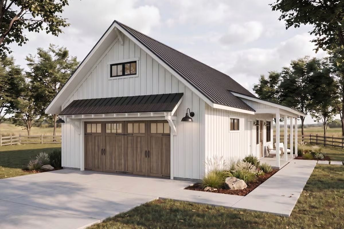 Board-and-Batten White With a Dark Metal Roof That Actually Earns the Farmhouse Label