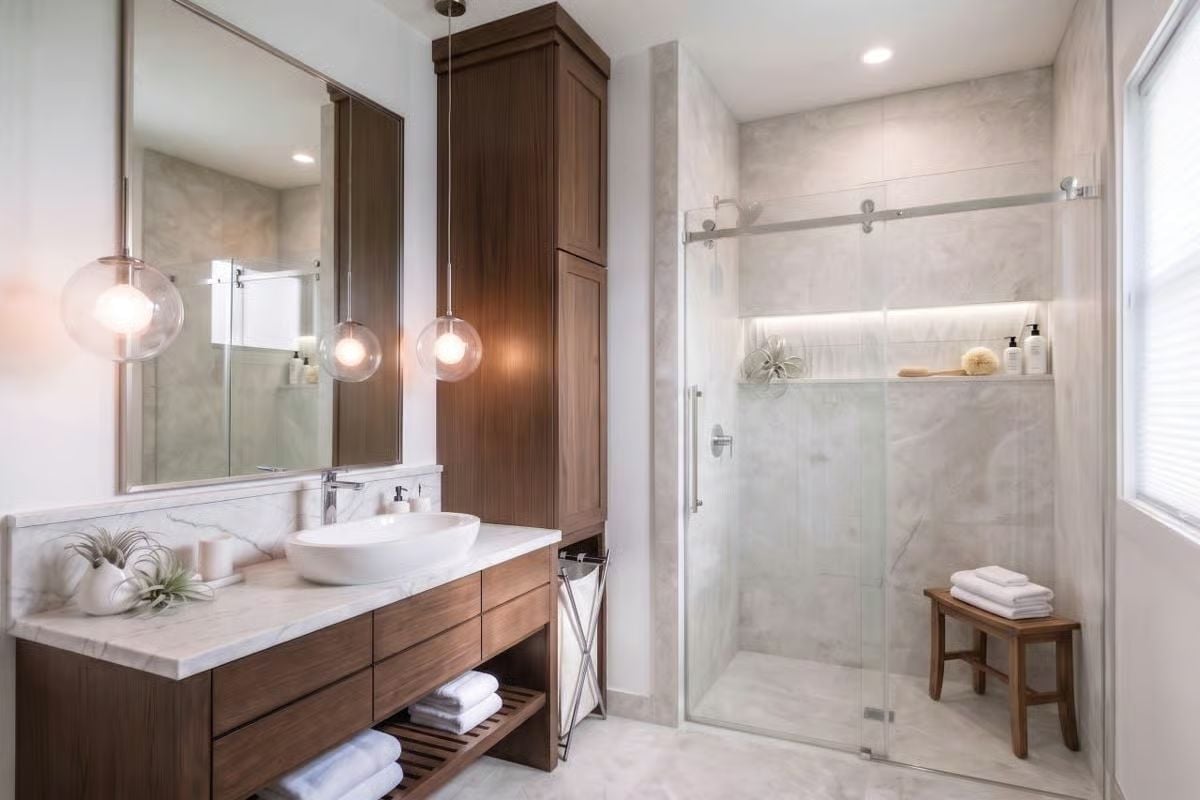 Warm Walnut Vanity Cabinetry Doing Heavy Lifting in a Mostly Neutral Bath