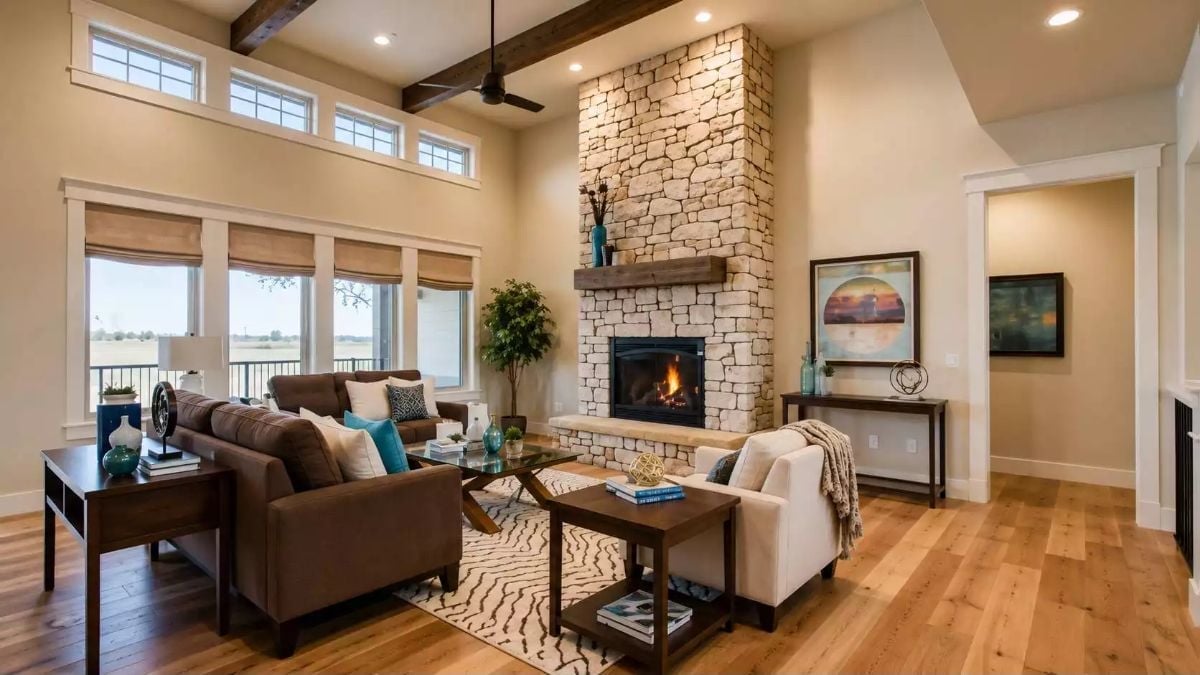 Limestone Fireplace Tower Pulls Every Seat in the Room Toward It