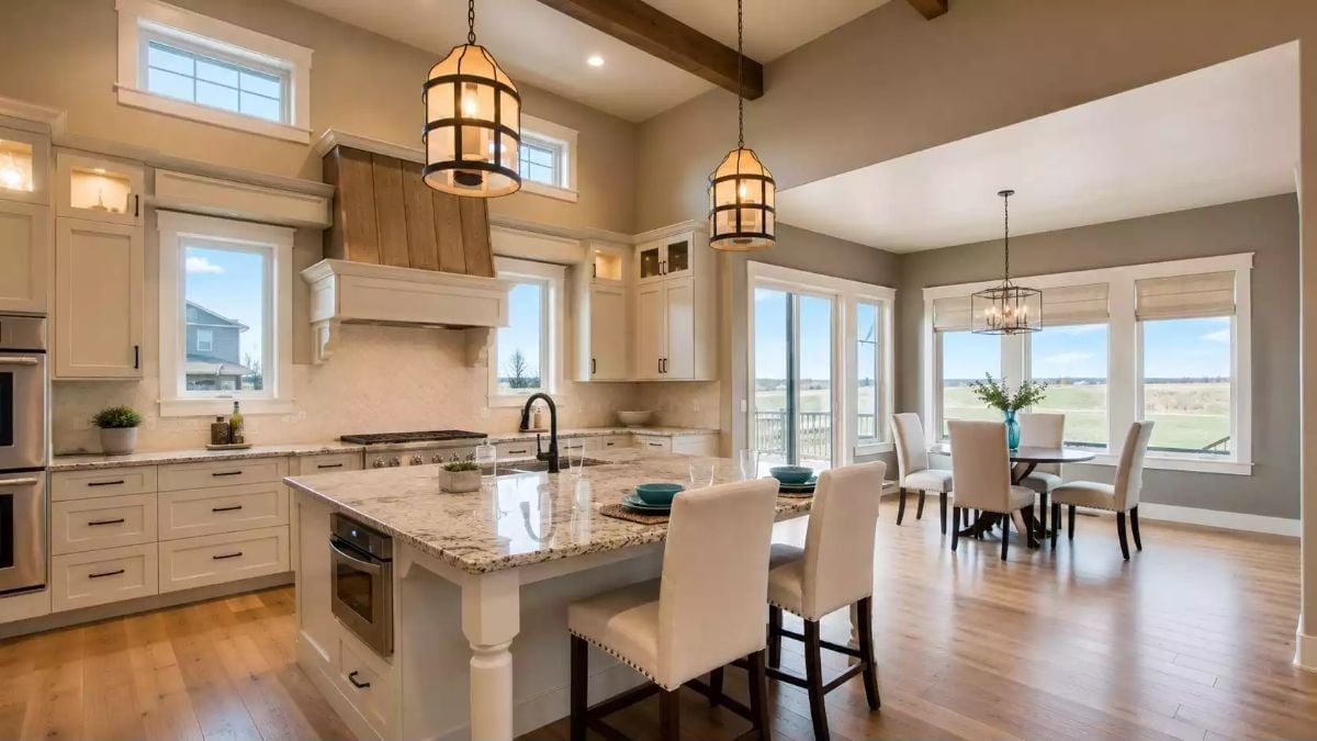 Pendant Lanterns and Exposed Beams Do the Heavy Lifting in This Open Kitchen