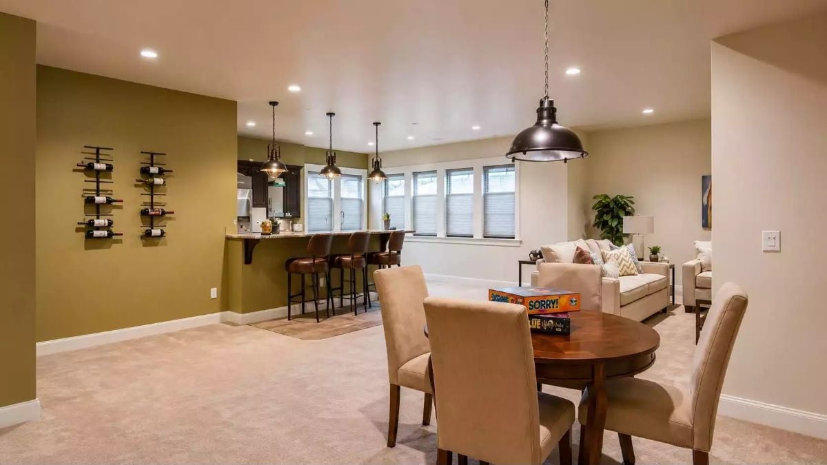 Wall-Mounted Wine Racks and a Wet Bar Keep the Party Where It Belongs