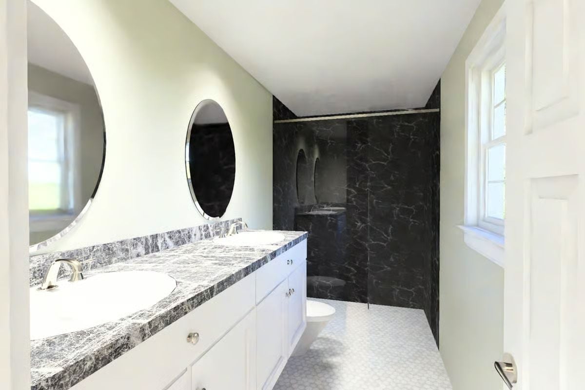 Black Marble Shower Walls That Make White Cabinets Look Even Crisper