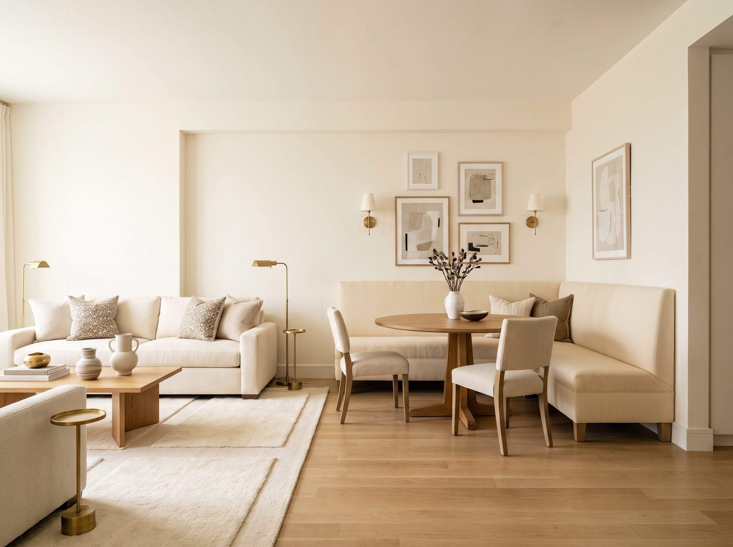 Small apartment with an olive banquette and walnut oval table against the far wall and an olive sofa against the side wall,