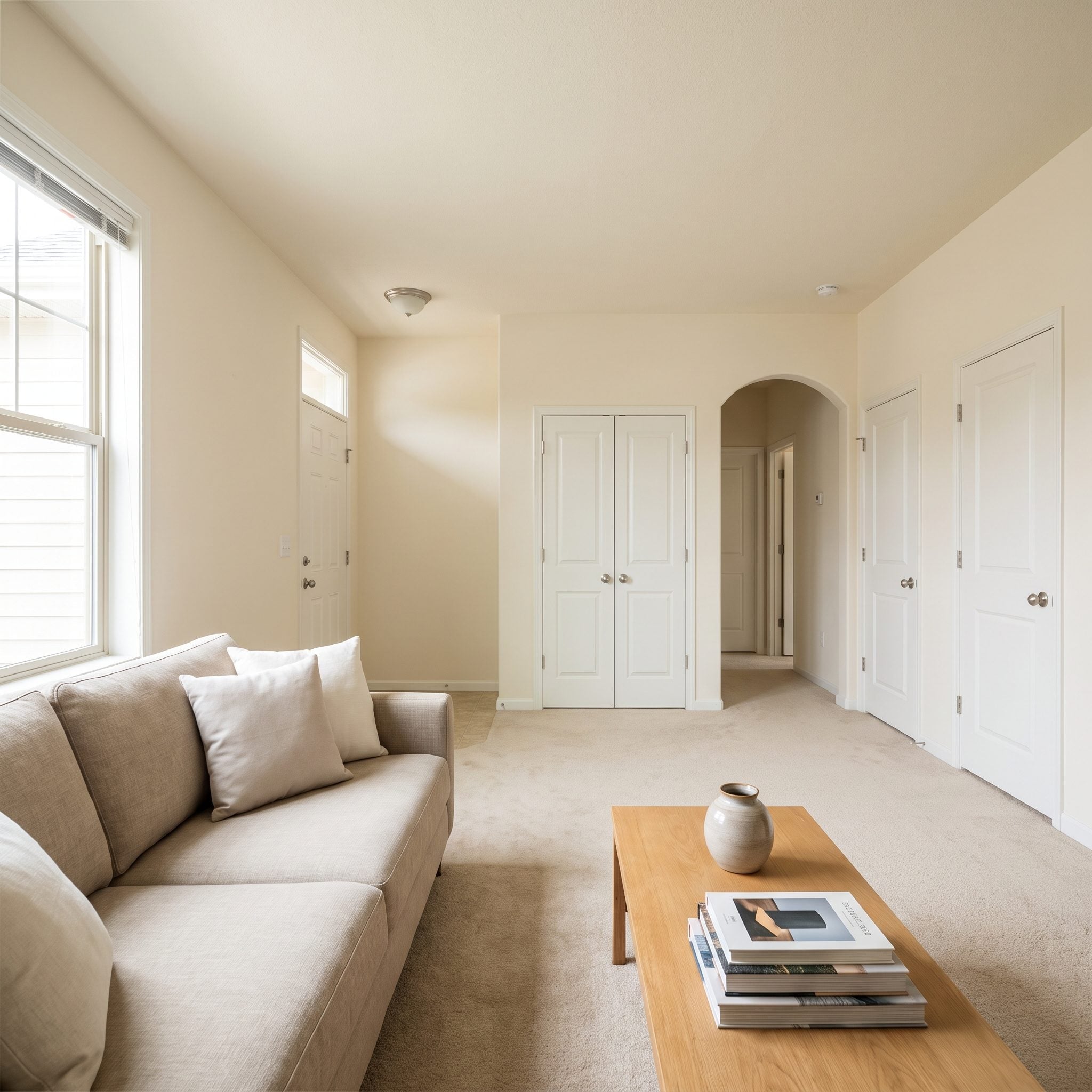 Open-plan living room with an 84-inch sofa centered under a window, its low back sitting below the sill, flanked by a