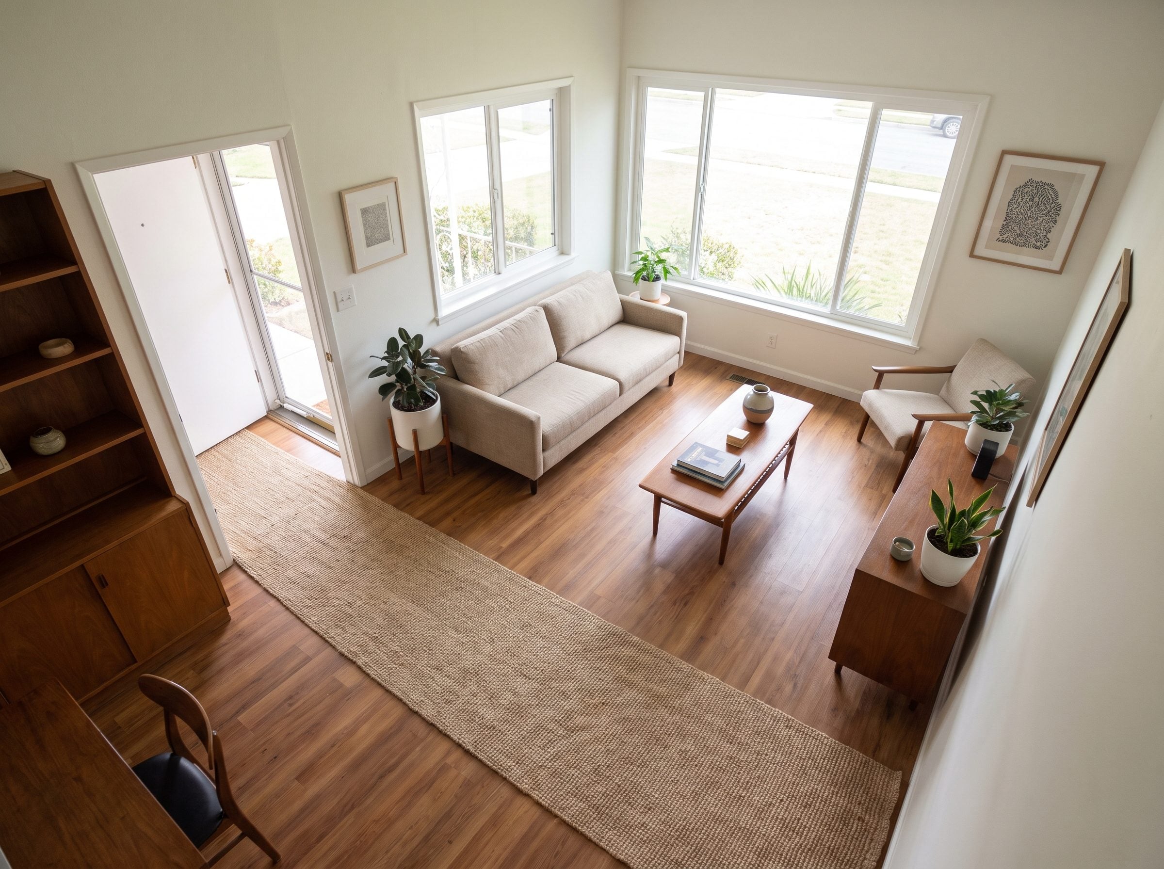 Living room with an 84-inch sofa under a centered picture window and a 36-inch walkway crossing in front of it between two