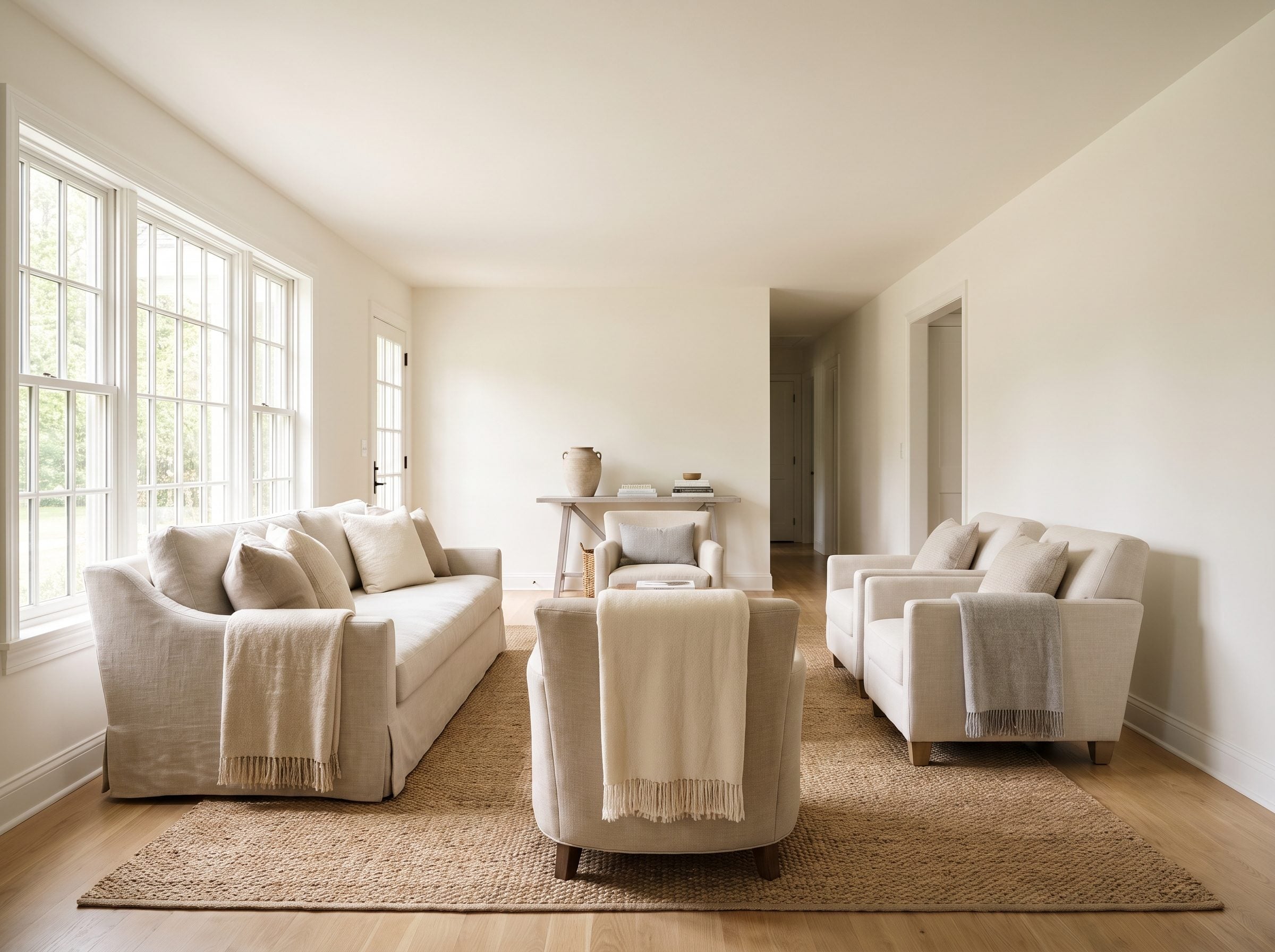 Long living room with a sofa floated in front of a window and two armchairs about five feet across from it around a coffee