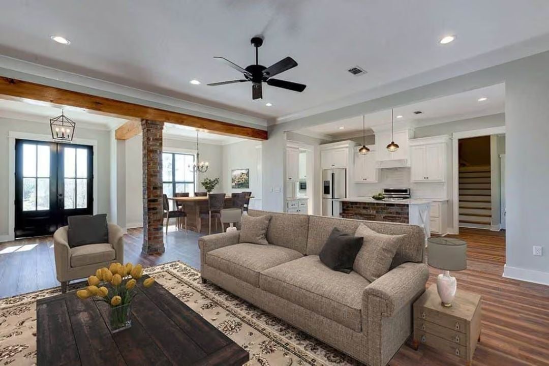 Brick Column, Wood Beam, Open Plan — Farmhouse Character Without the Fuss