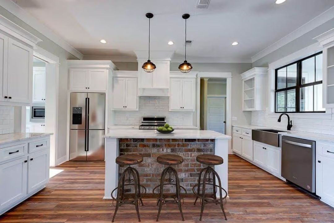 Brick Island Base, Industrial Stools, White Cabinets That Don't Compete