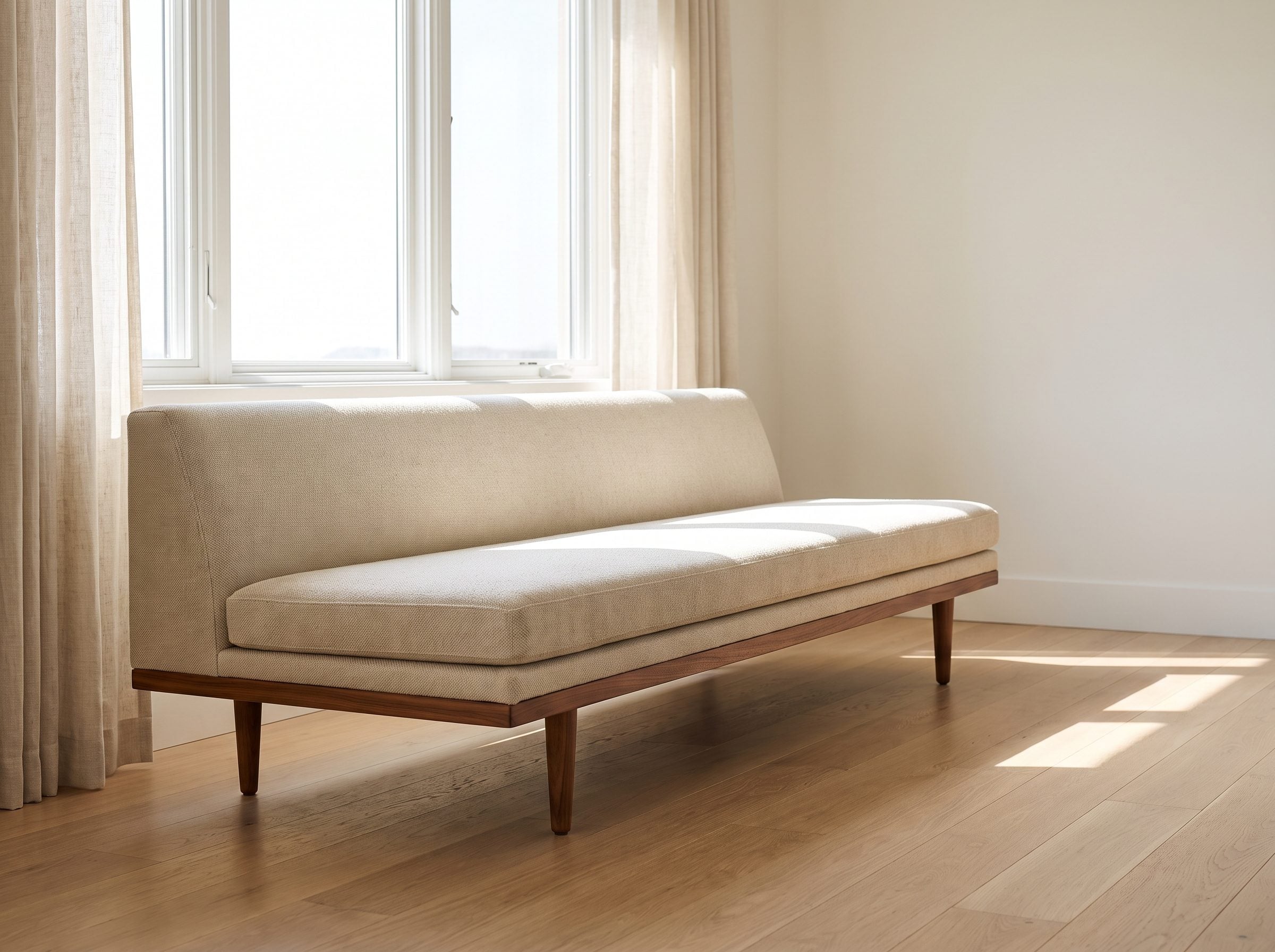 Living room with an 84-inch low-back linen sofa under a window, its back sitting about two inches below the sill.