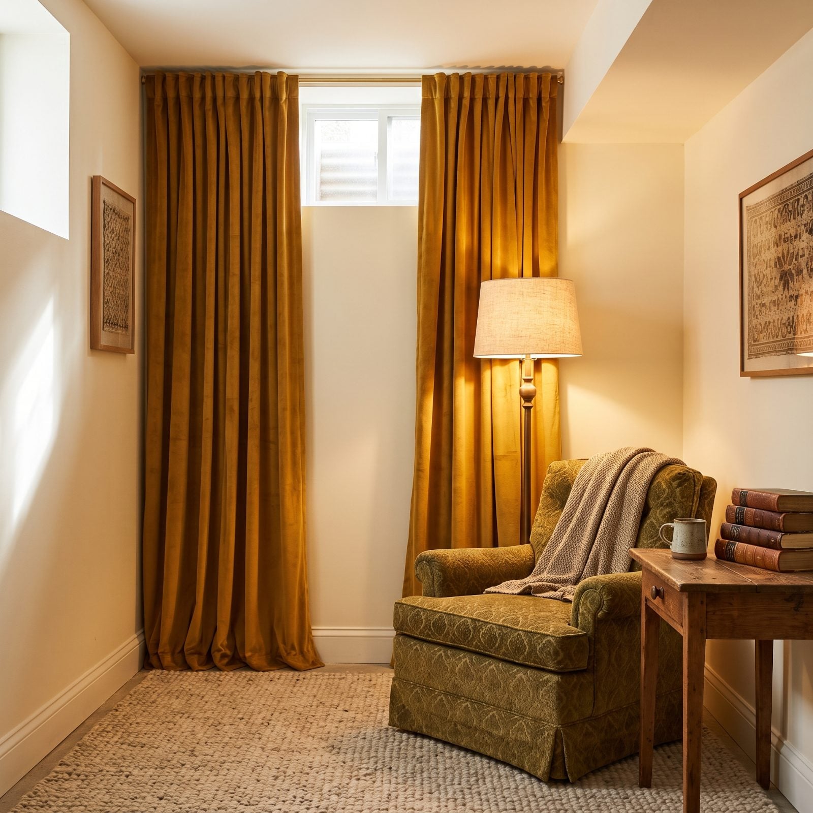 Low Basement Window Given Full-Length, High-Hung Curtains