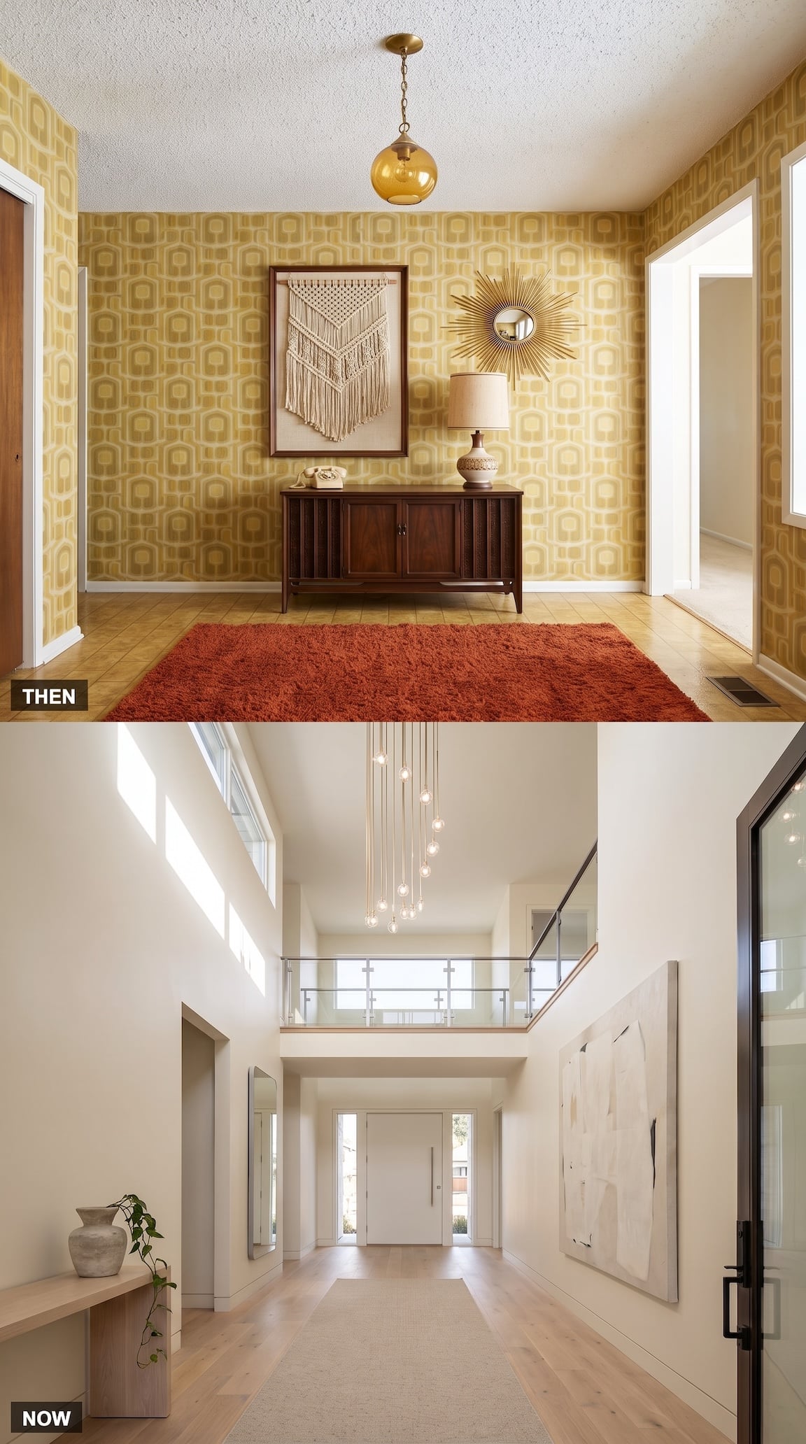 A low-ceiling entry transformed into a soaring double-height foyer