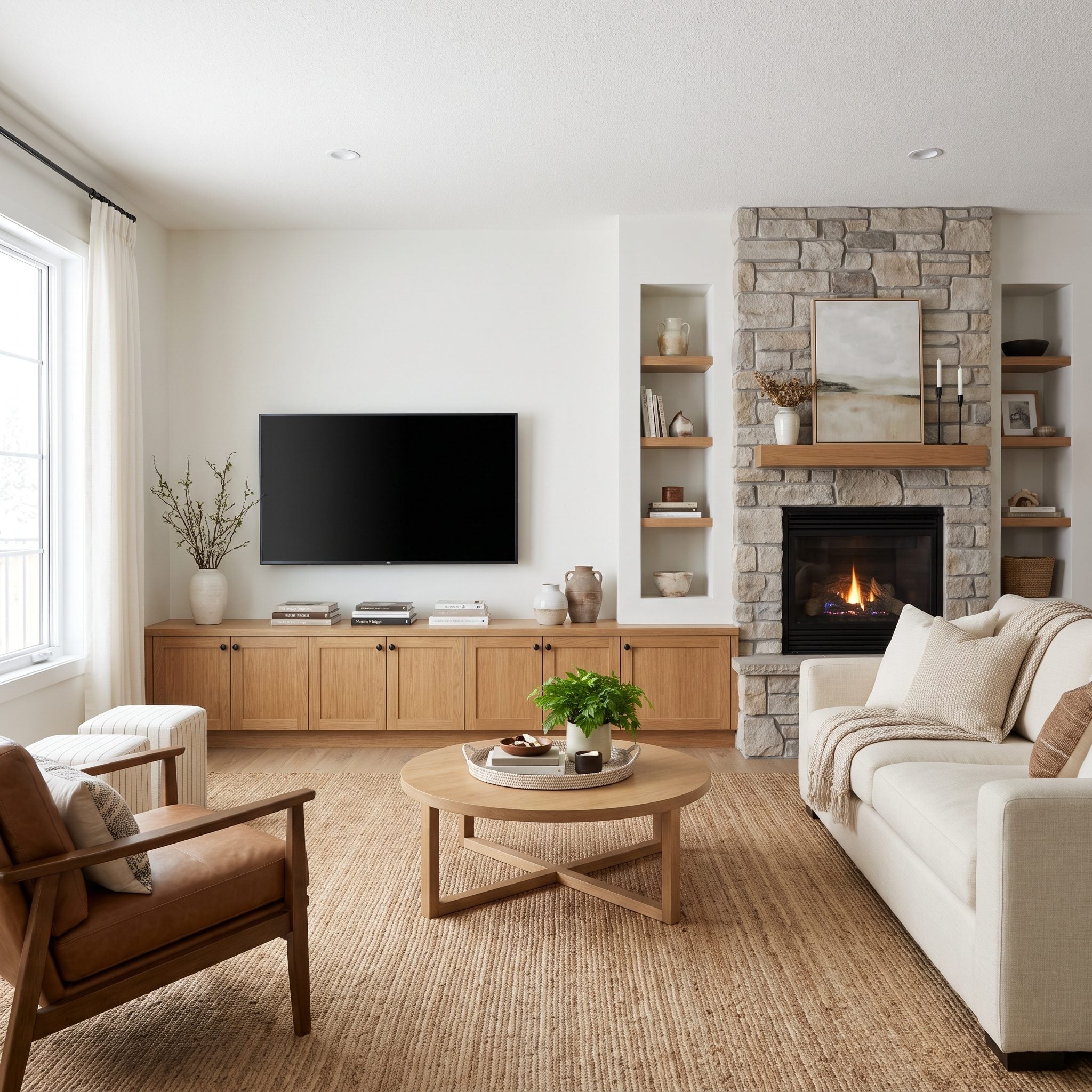 The Low Media Wall That Lets the Fireplace Remain Architectural