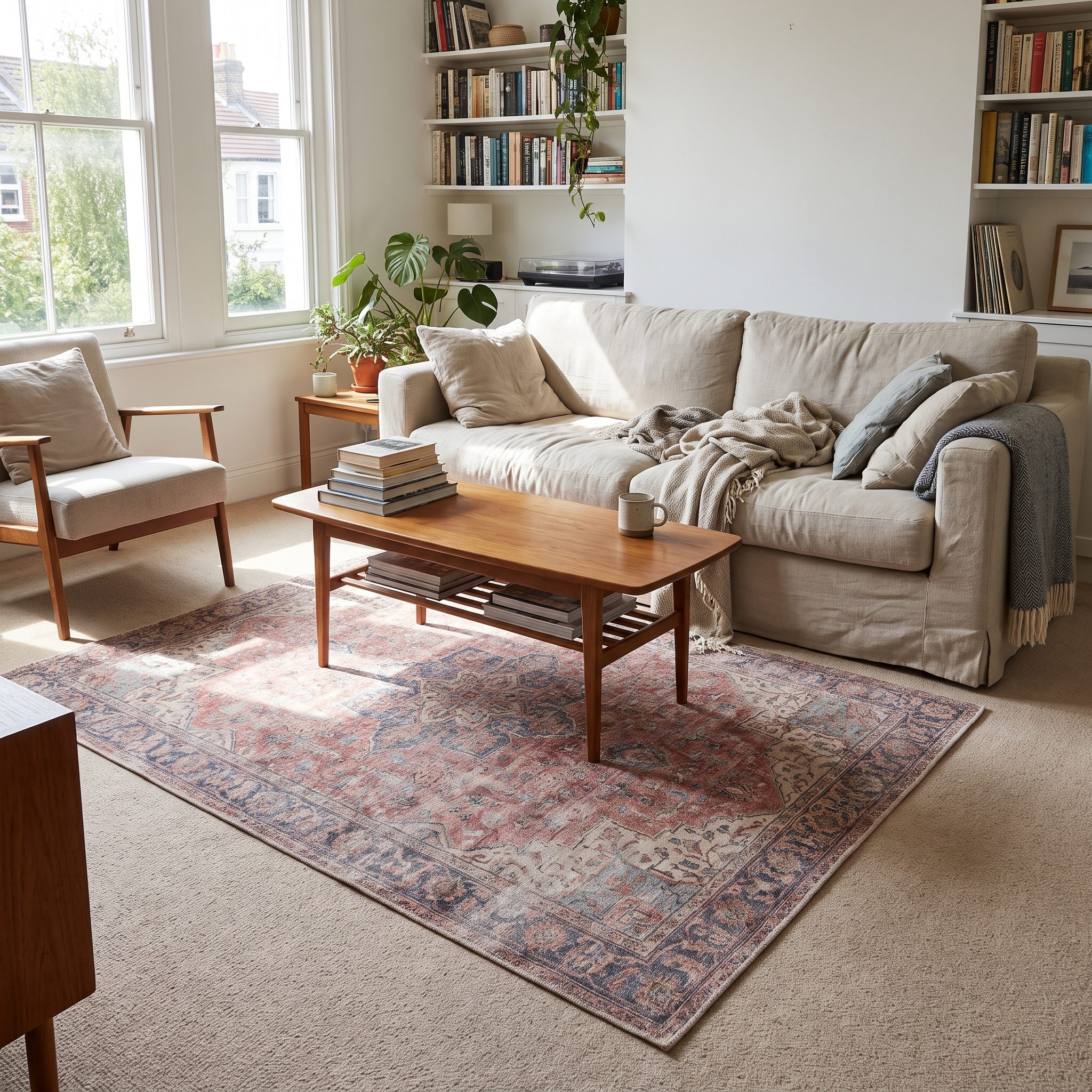 Living room with a flat cotton dhurrie rug lying nearly flush on wall-to-wall carpet beneath a gray sofa