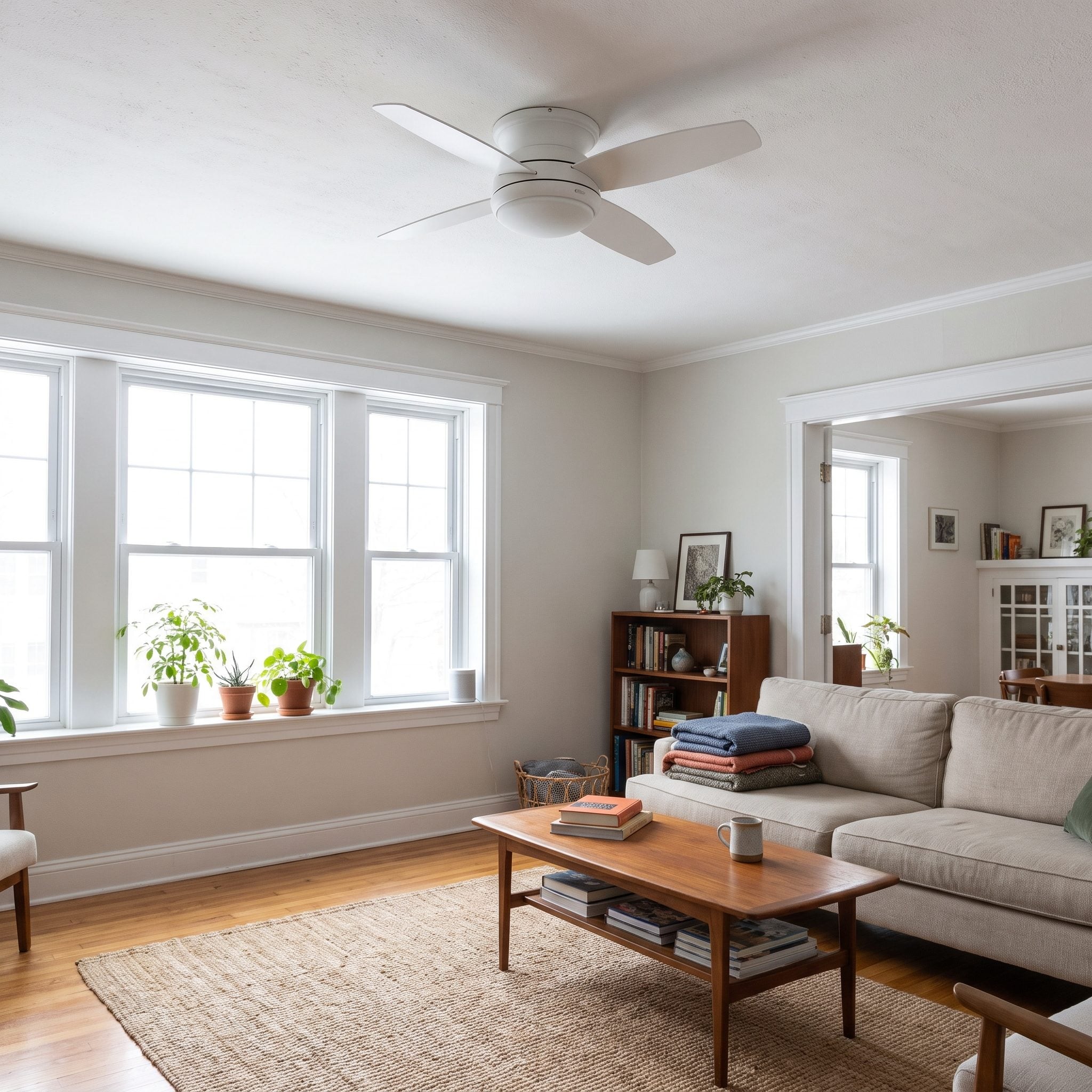 Living room with a 52-inch flush-mount black and wood ceiling fan mounted against an 8-foot ceiling, blades sitting above