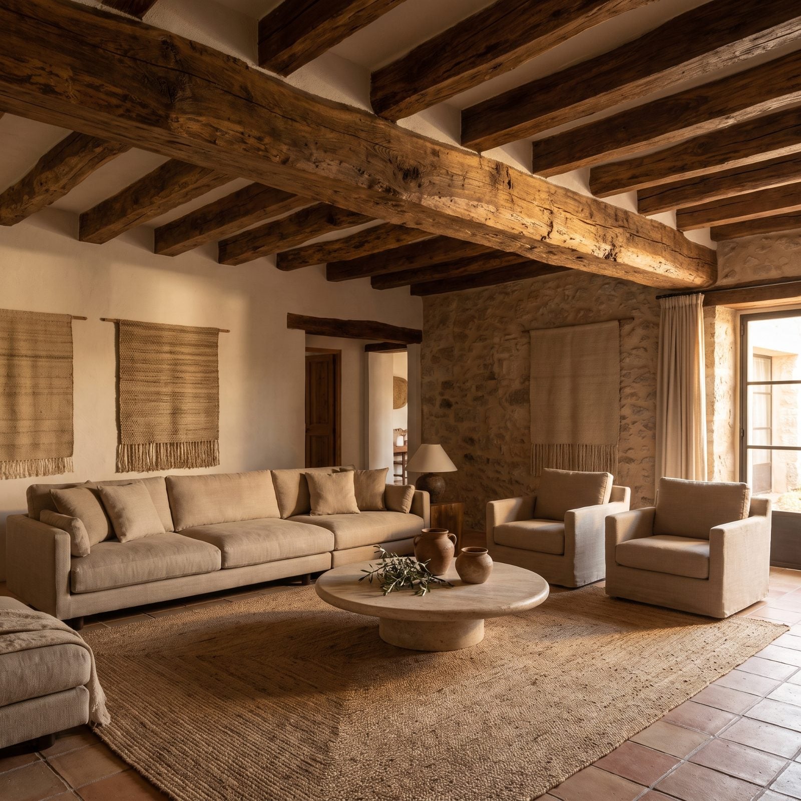 Low-Slung Neutral Seating Under Rustic Olive-Wood Beams