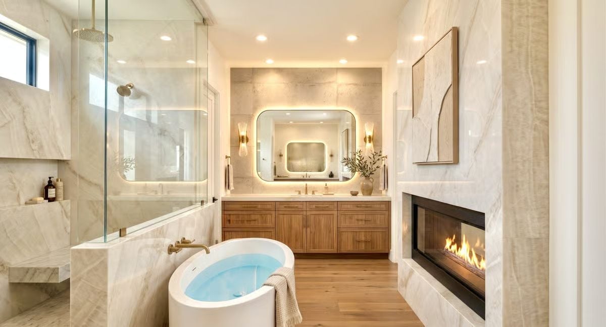 Marble, Fireplace Flames, and a Soaking Tub Filled and Ready