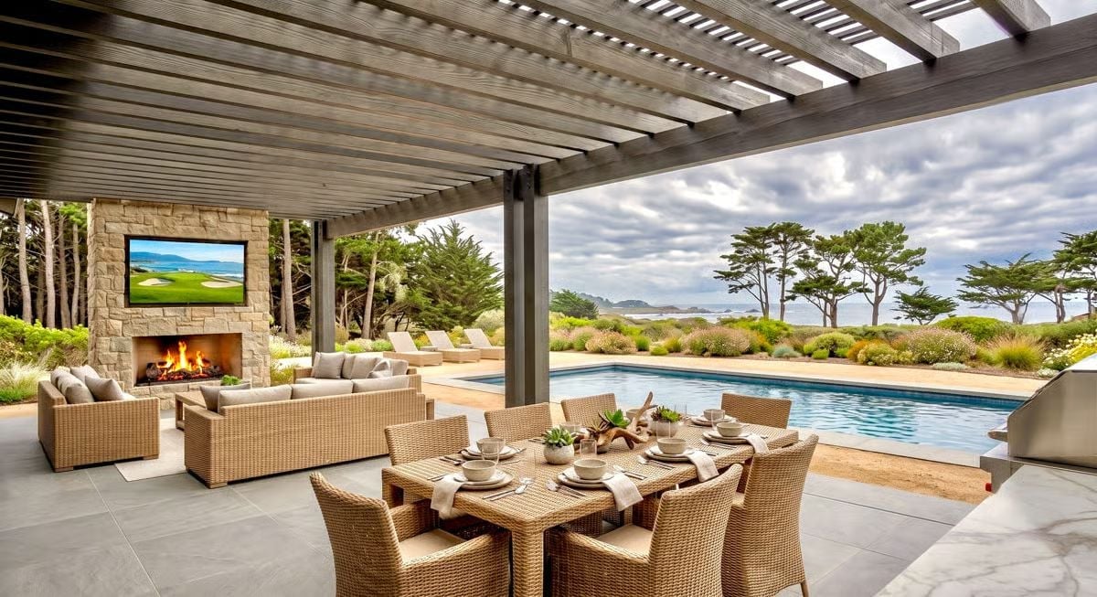 Pergola, Pool, and a Fireplace Already Lit Before Anyone Sits Down