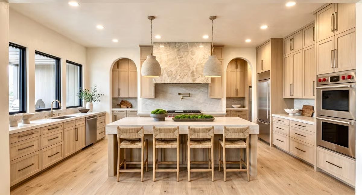 Washed Oak, Arched Niches, and a Range Hood Carved From the Same Stone as the Backsplash