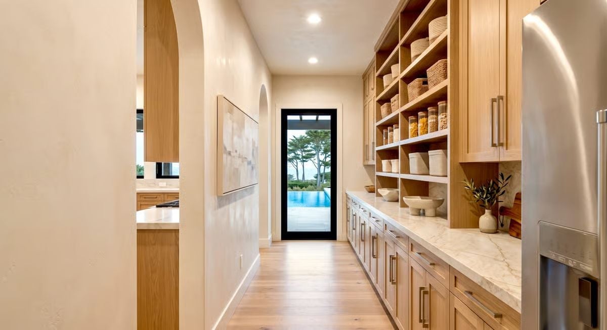 Woven Baskets, Glass Jars, and a Pool View at the End of the Hall