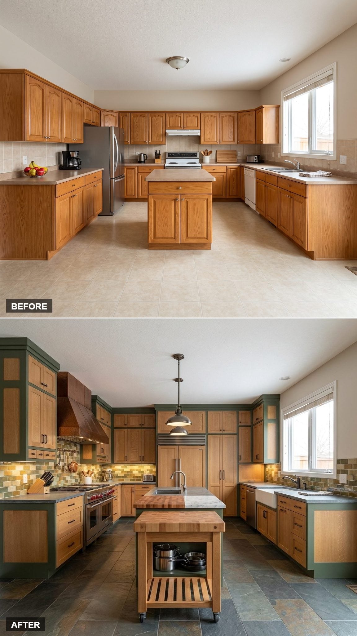 Luxury Craftsman Chef's Kitchen with a Hand-Hammered Copper Hood and Quarter-Sawn White Oak