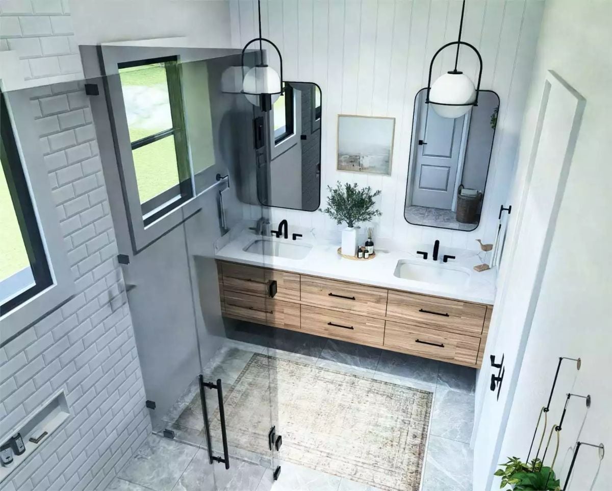 Black Fixtures and a Floating Wood Vanity That Know Exactly What They're Doing
