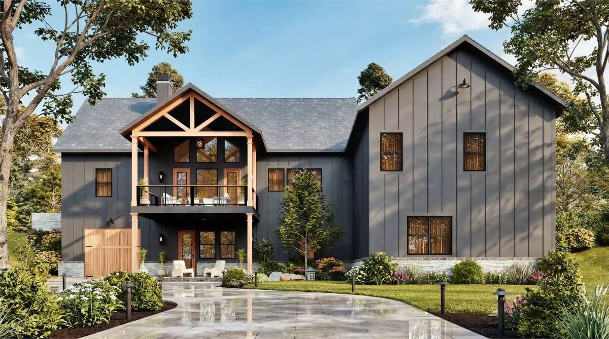 Board-and-Batten Meets Timber Framing on This Craftsman's Rear Elevation