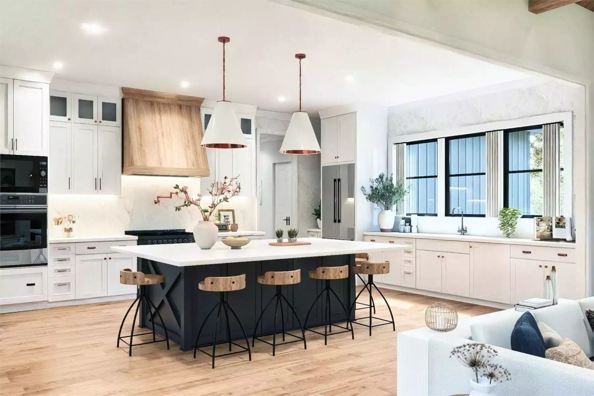 Copper-Trimmed Pendants and a Navy Island That Pull the Whole Kitchen Together