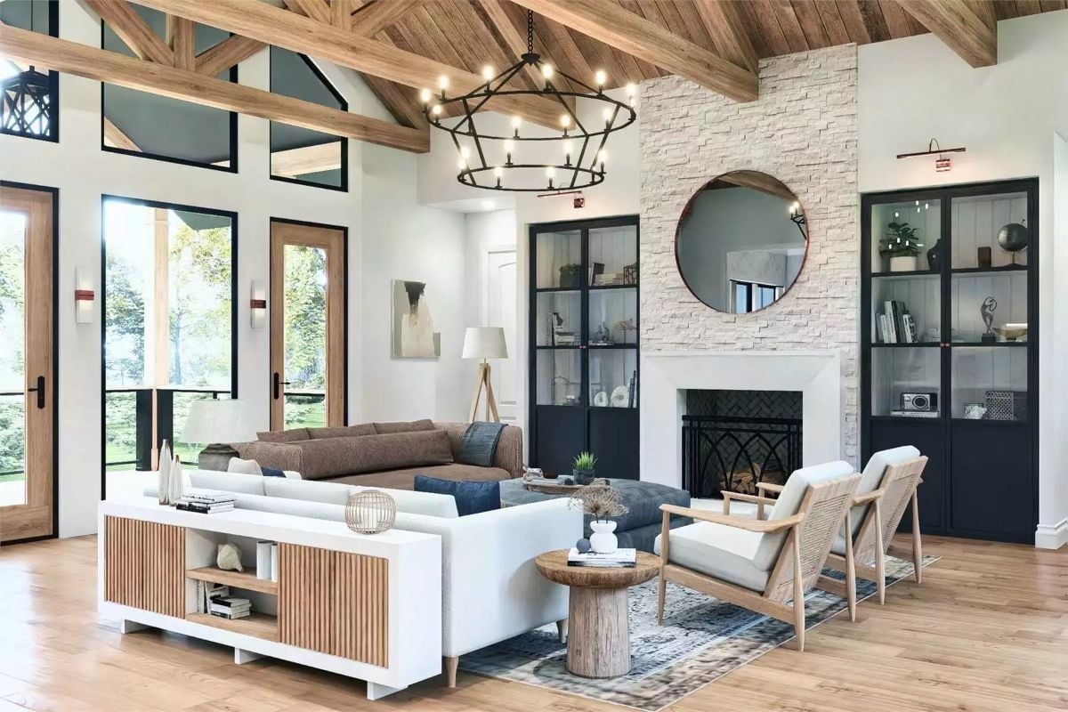 Exposed Timber Trusses and a Stone Fireplace Wall That Actually Earn Their Keep