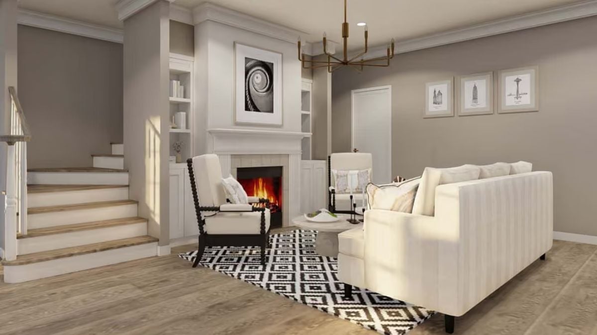 Fireplace Built-Ins and a Black-and-White Rug That Anchor the Whole Room