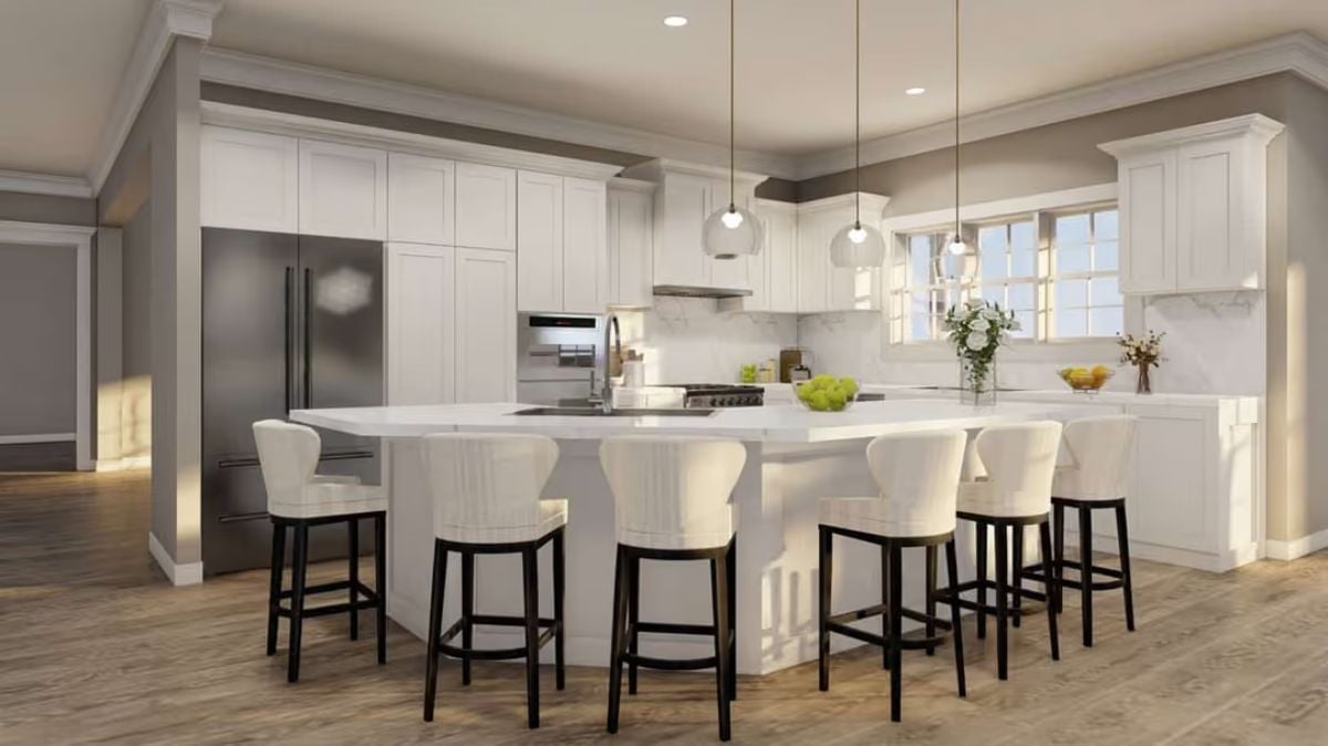 Marble Island Seating for Six and Pendant Lights That Don't Overstay Their Welcome