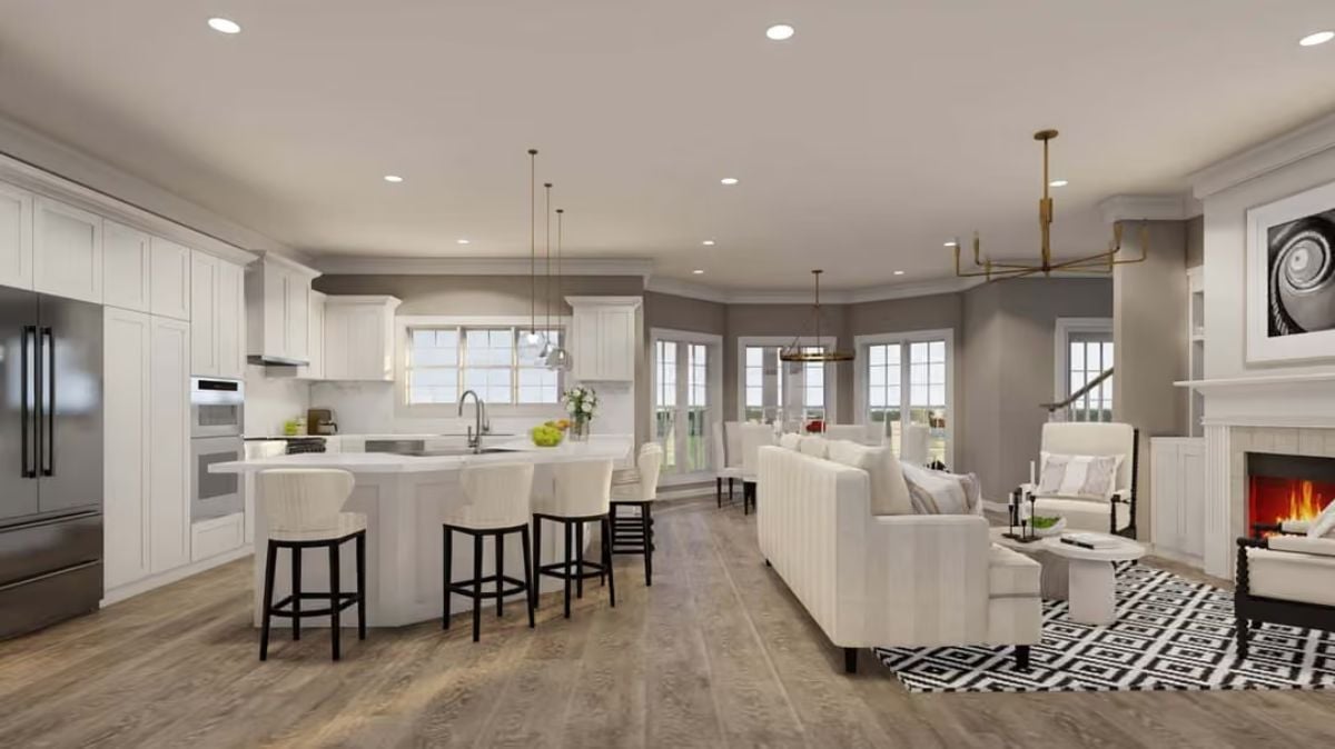 Open-Plan Kitchen and Living Room Where Gold Fixtures Do the Talking