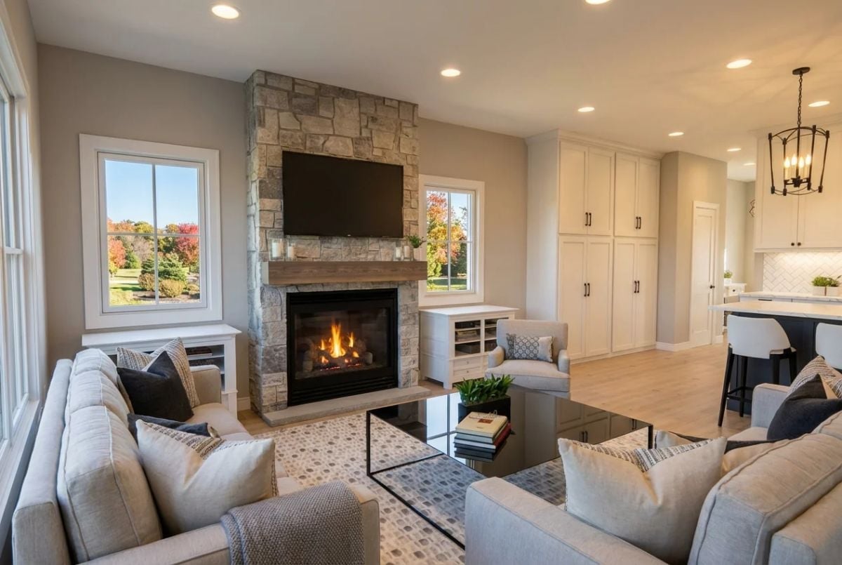 Stone Fireplace Wall Anchors an Open Living Space with Kitchen Views
