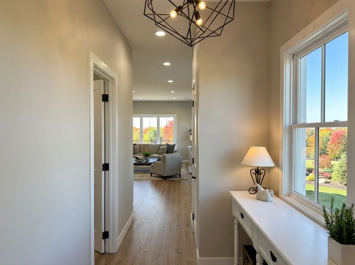 Warm Entry Hall with Geometric Chandelier Leads Straight Into the Living Room