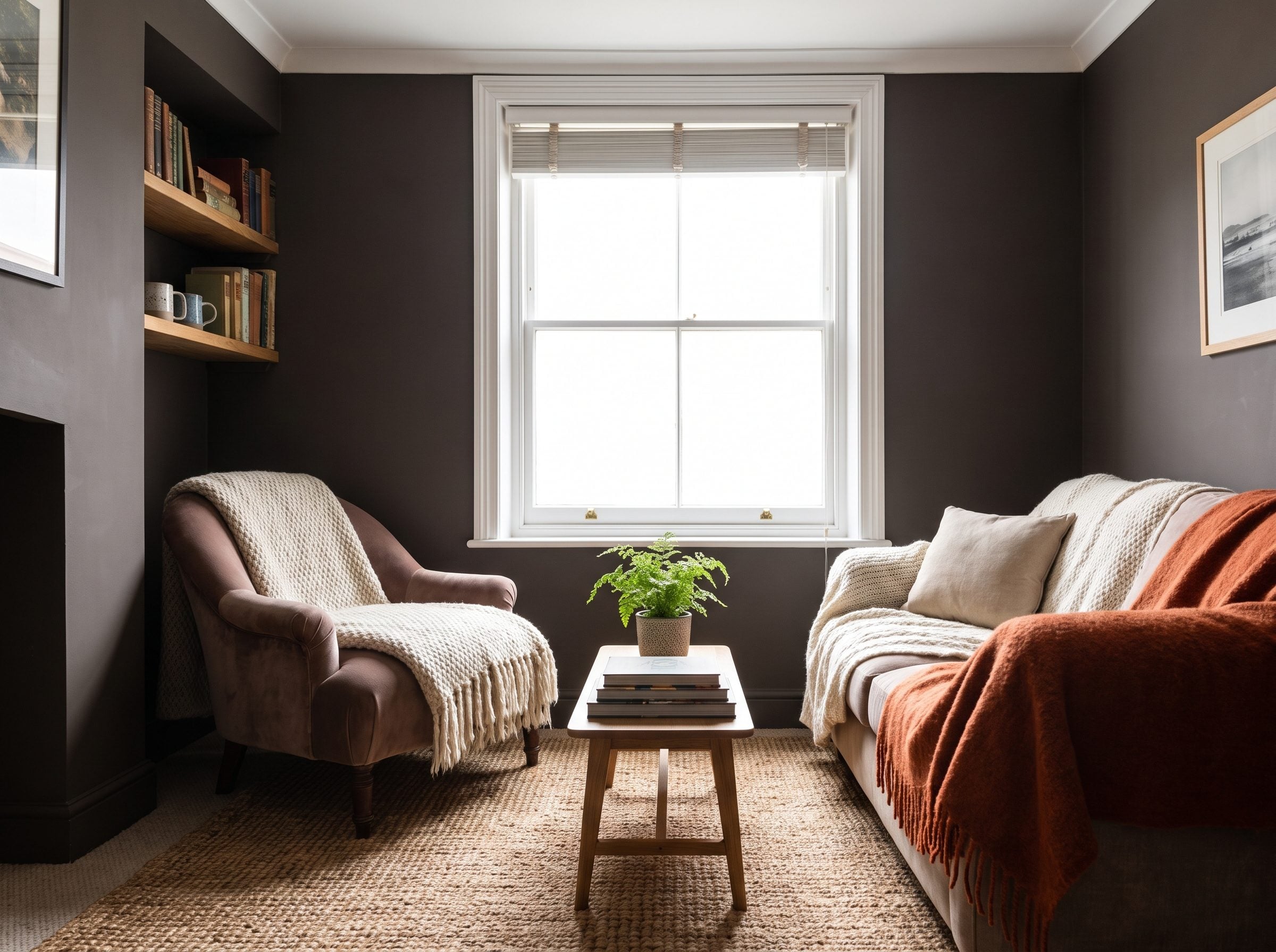 Small navy living room with a green velvet sofa and warm brass lighting
