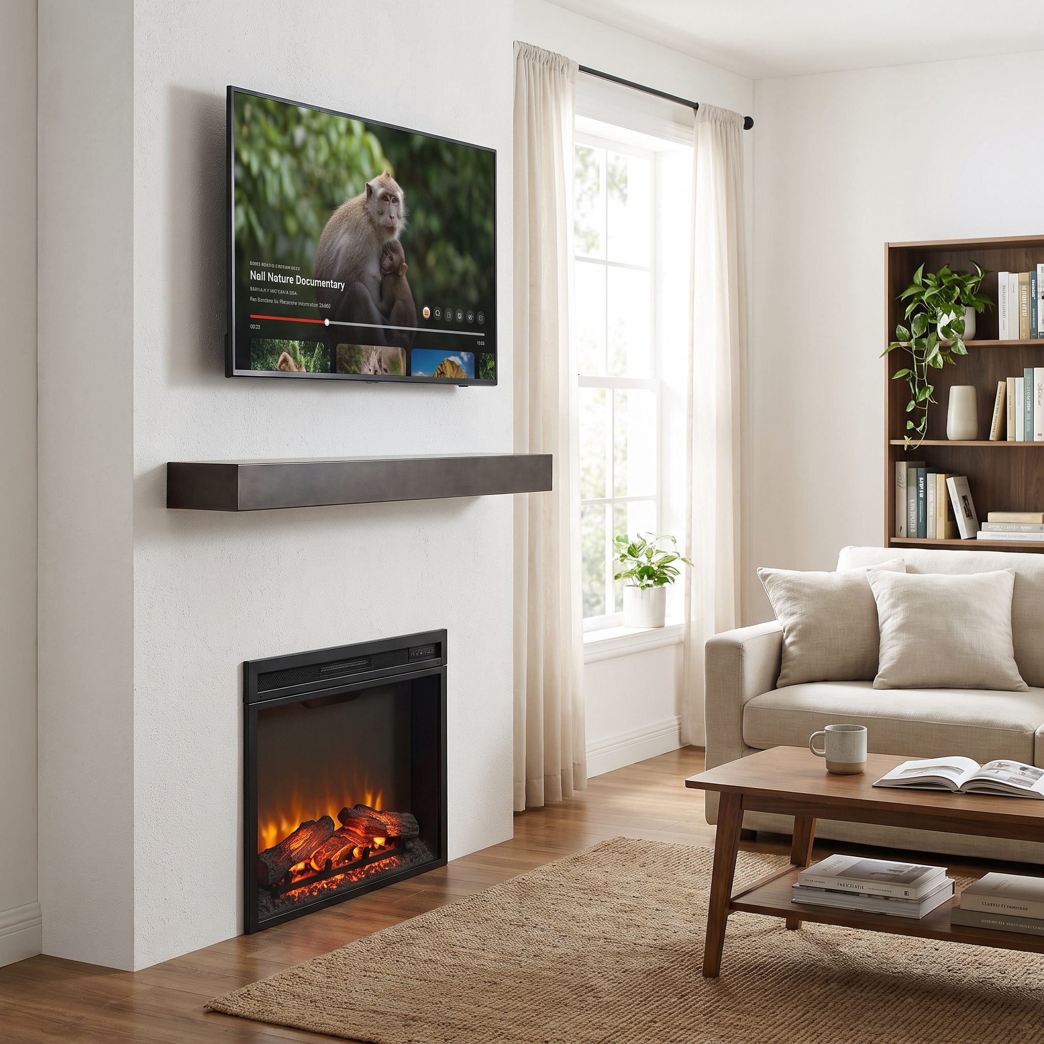 Living room with a 65-inch TV mounted above a fireplace on a shallow four-inch oak mantel.