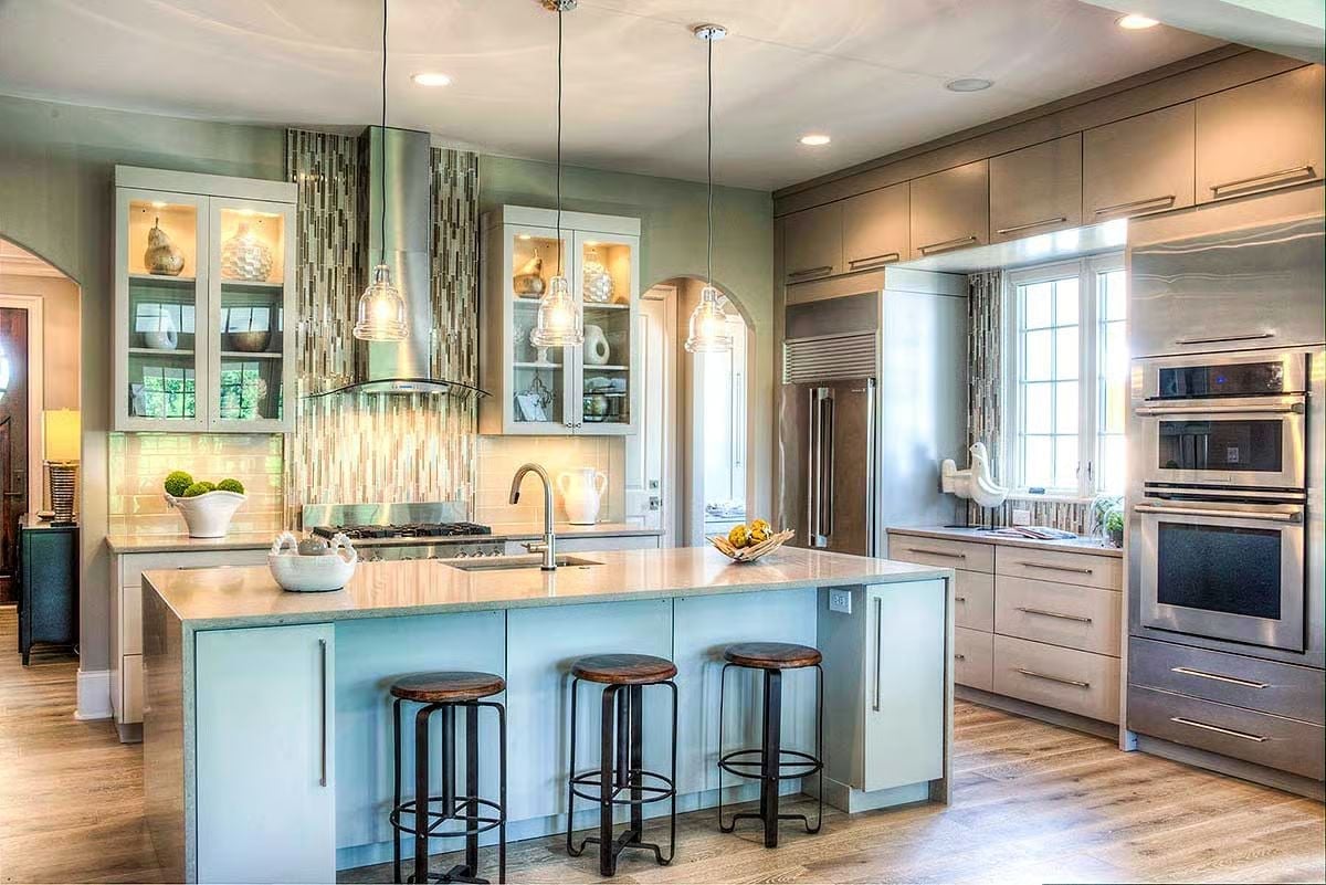Pendant Glass, Blue Island, and a Backsplash That's Doing the Most