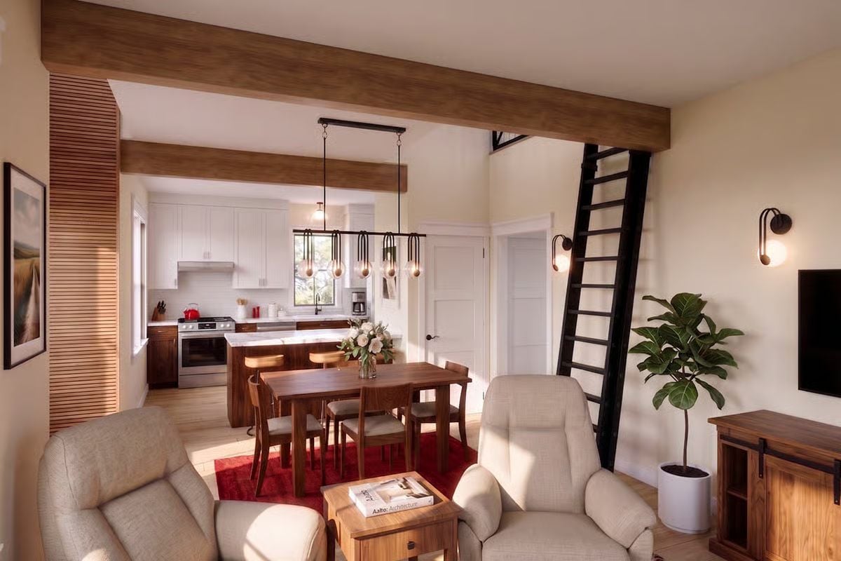 Ladder to the Loft, Red Rug on the Floor, and Not a Wasted Inch
