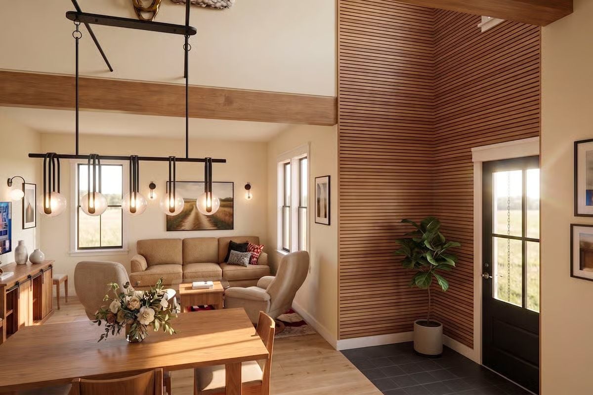 Slatted Wood Entry Wall That Earns Every Square Foot It Takes Up
